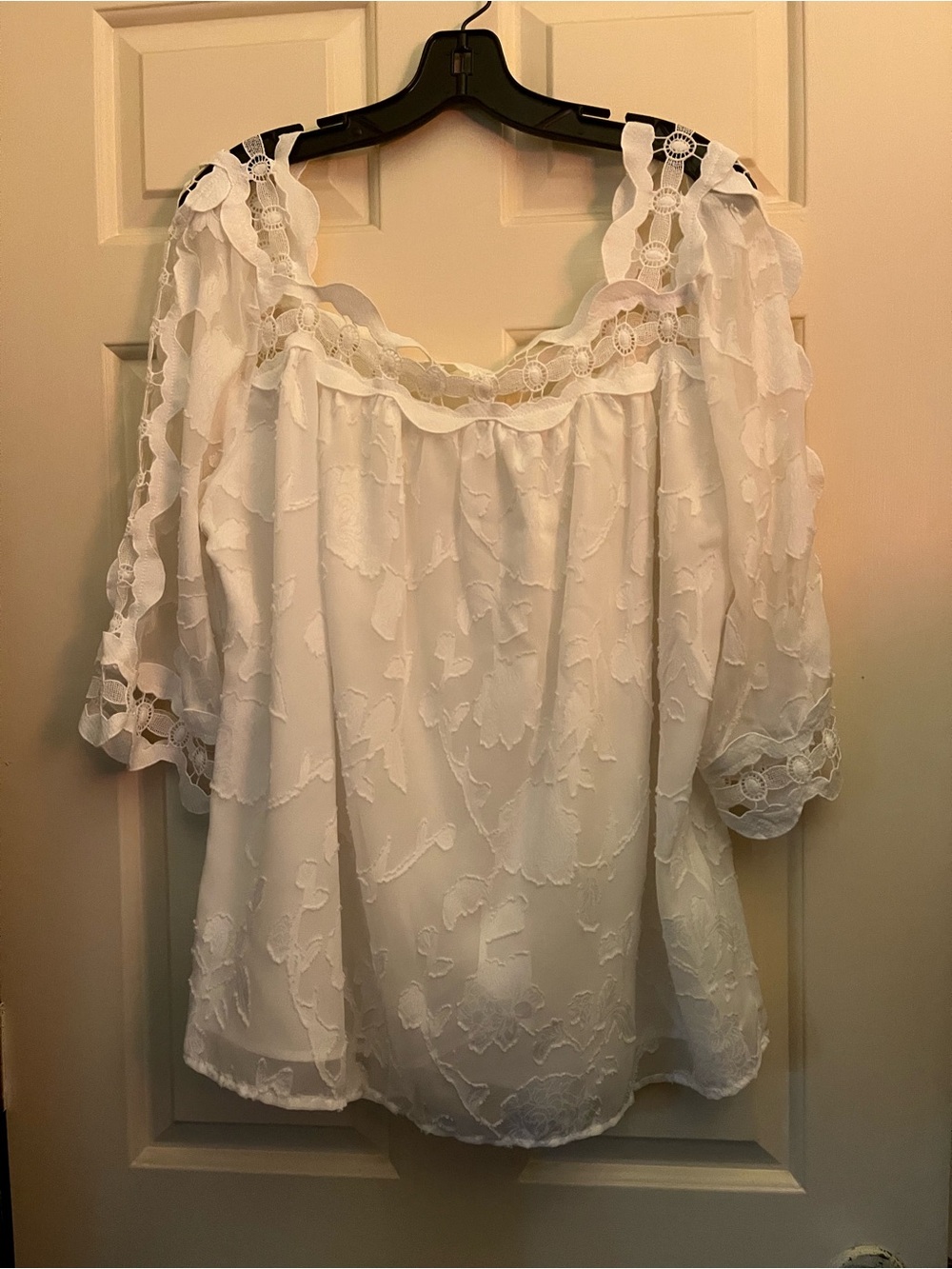 Women's White Lace Overlay Peasant Top